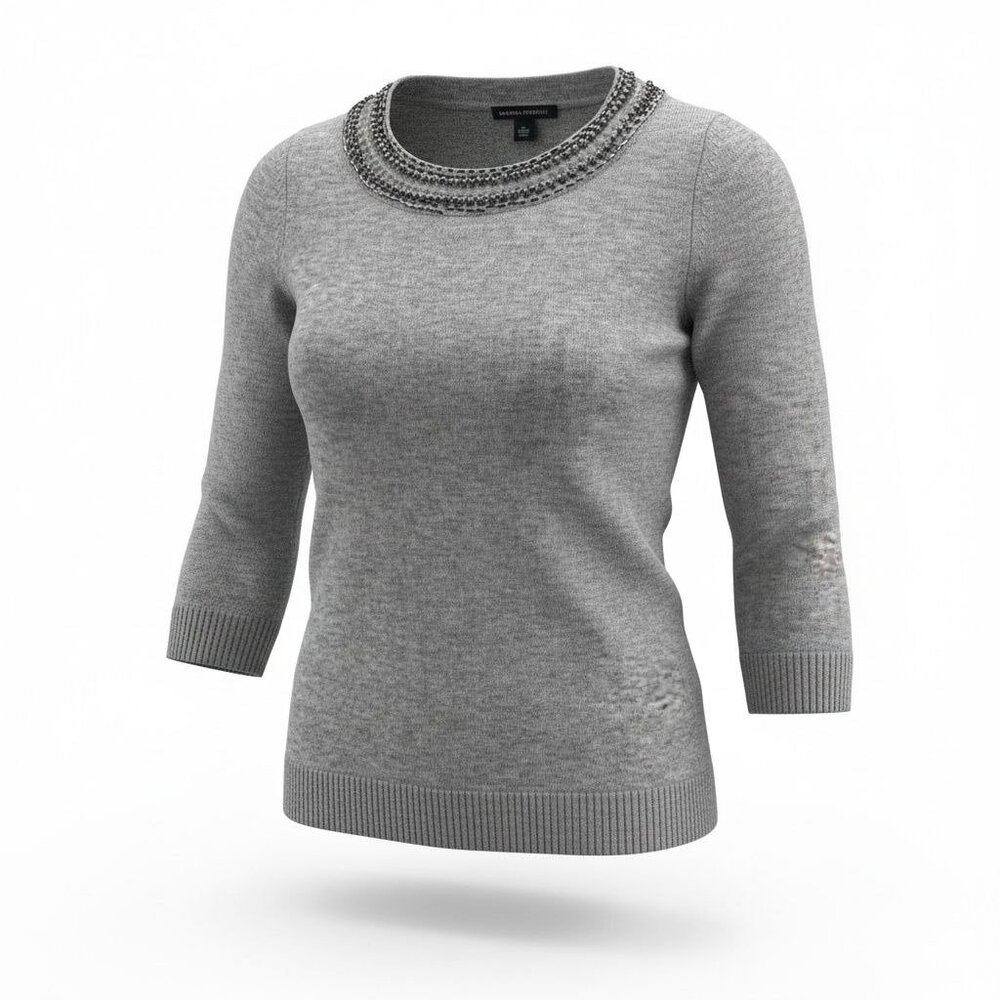 NEW Banana Republic Gray Beaded Sweater Womens S Wool Blend 3/4 Sleeves Elegant